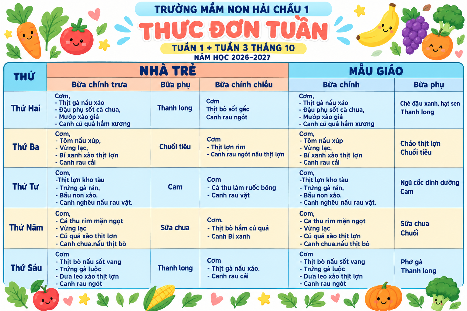 Thực đơn tuần 1+3 Tháng 10 Mầm non Hải Châu 1