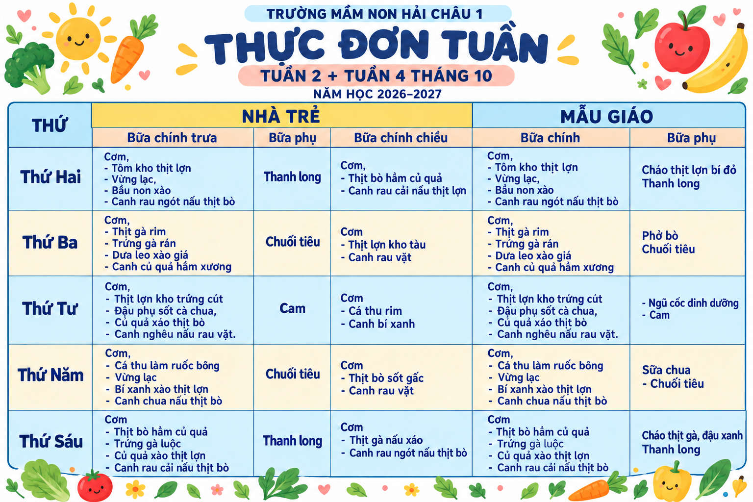 Thực đơn tuần 2+4 Tháng 10 MN Hải Châu I